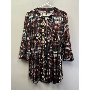 New Directions Woman Tunic Womens 3X Black Red Abstract Half Zip Roll Tab Blouse